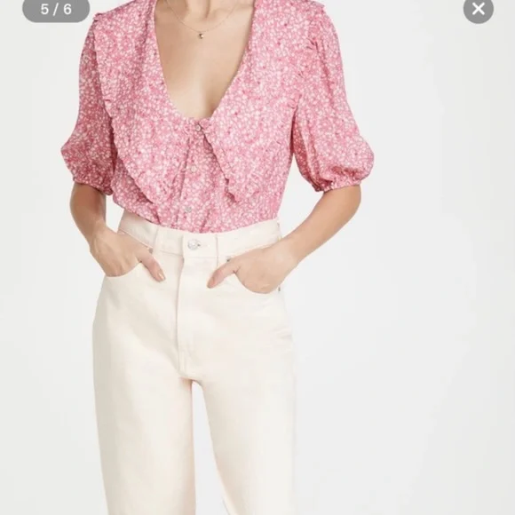 WAYF Amie Button Up Blouse Cherise Ditsy Floral XS cottagecore prairie - Picture 2 of 11